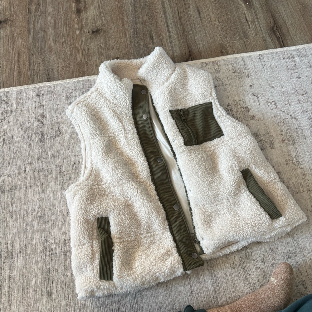 Thread & Supply Cream Sherpa Vest with Olive Trim
